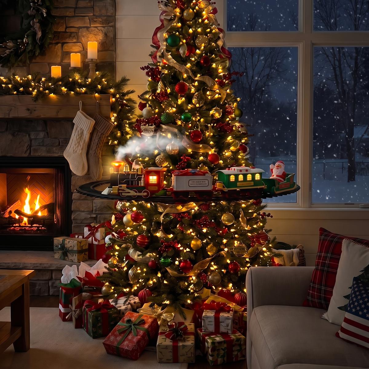 A decorated Christmas tree in a cozy living room, with a small toy train set on a shelf beside it, wrapped gift boxes underneath, a lit fireplace, and a window showing snow outside.